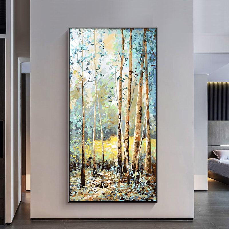 自油自画 diy数字油画填色风景油彩画玄关竖手工减压填充画白桦林