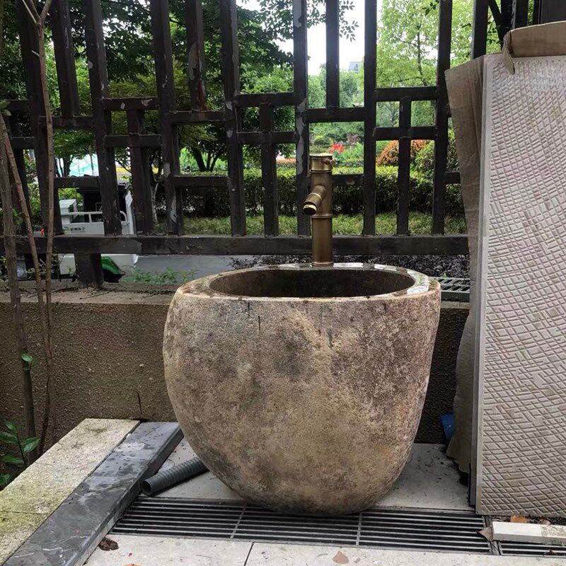 原石鹅卵石头拖把池室外阳台石头墩布池复古花园别墅石雕装饰摆件