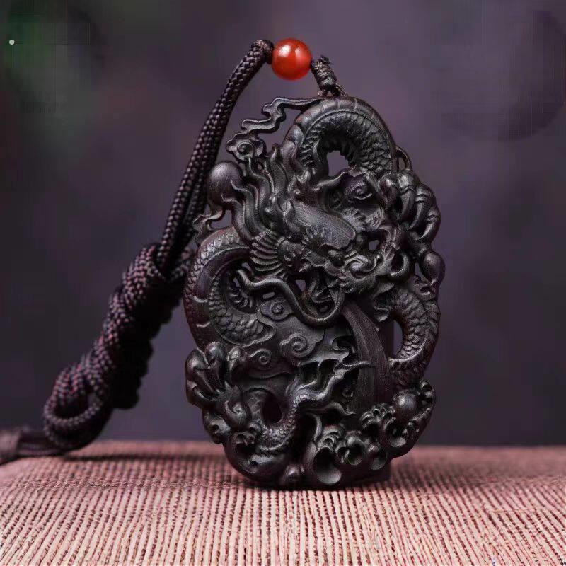沉香木雕生肖龙牌项链吊坠木质双面雕刻车挂件龙年大吉手把件挂牌