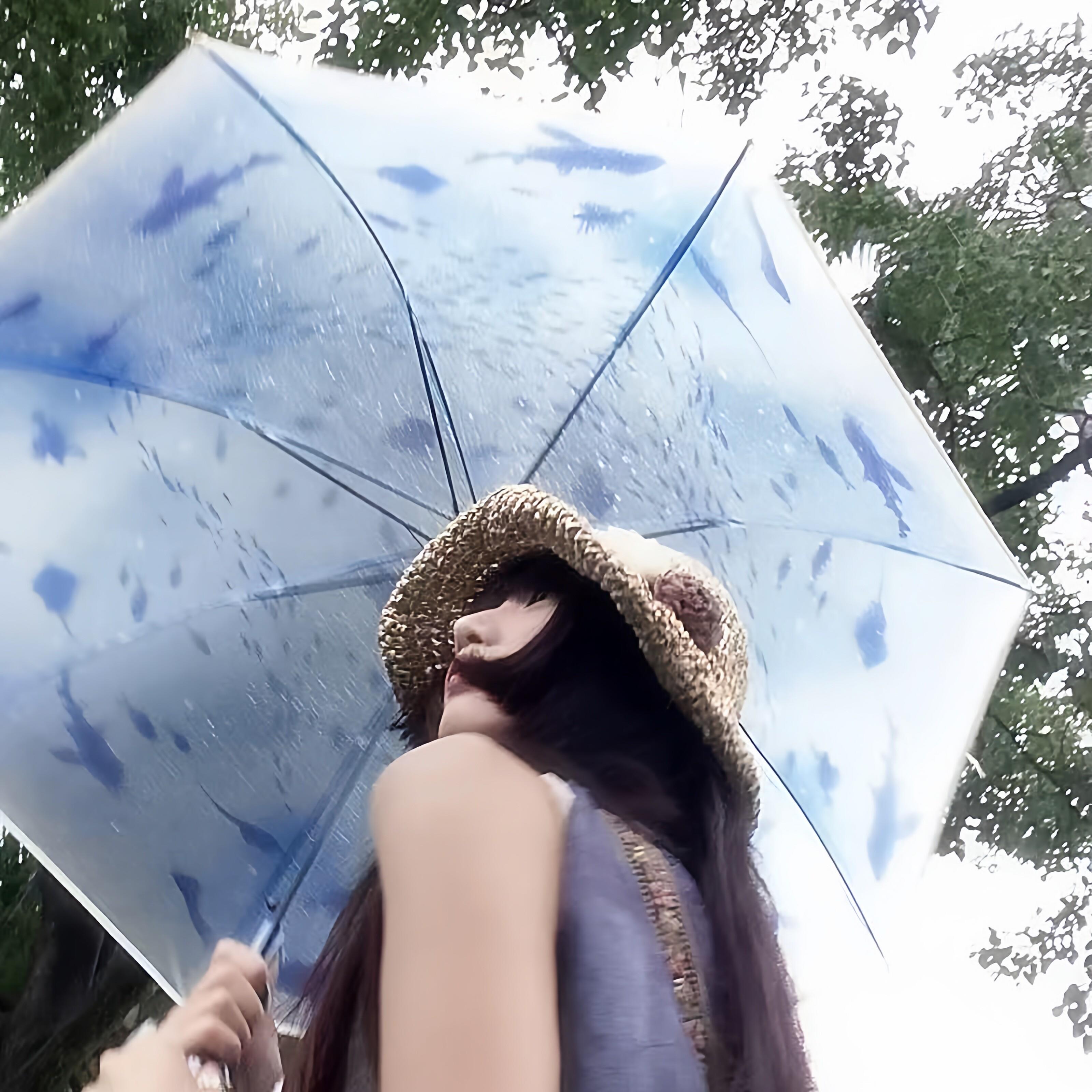 蓝色水族馆透明雨伞全自动加大加厚加固长柄雨伞高颜值清新折叠伞