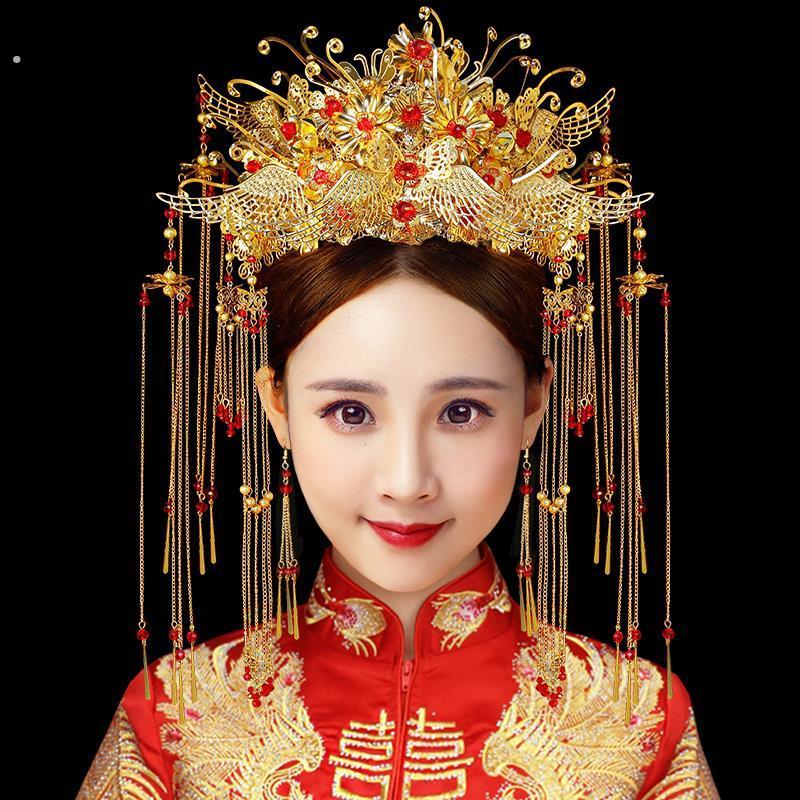 中式新娘古装头饰红色流苏发饰古装秀禾服结婚婚纱头饰凤冠头饰