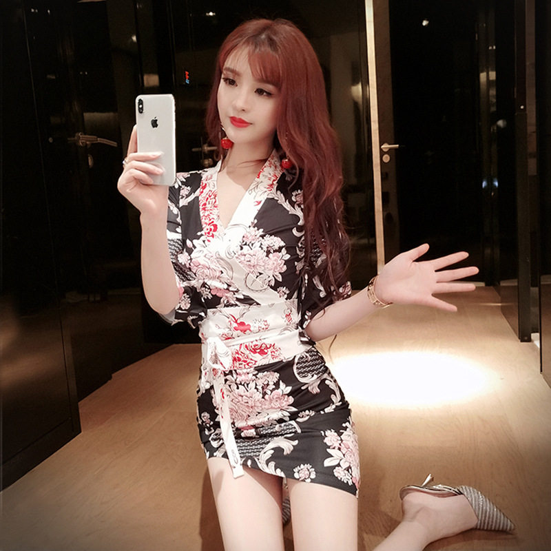 新款酒吧性感夜场女装包臀中袖连衣裙和服桑拿浴足疗按摩工作服女
