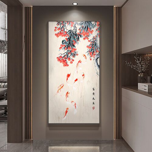 纯手绘油画富贵九鱼图好寓意荔枝竖版轻奢玄关装饰画入户走廊挂画