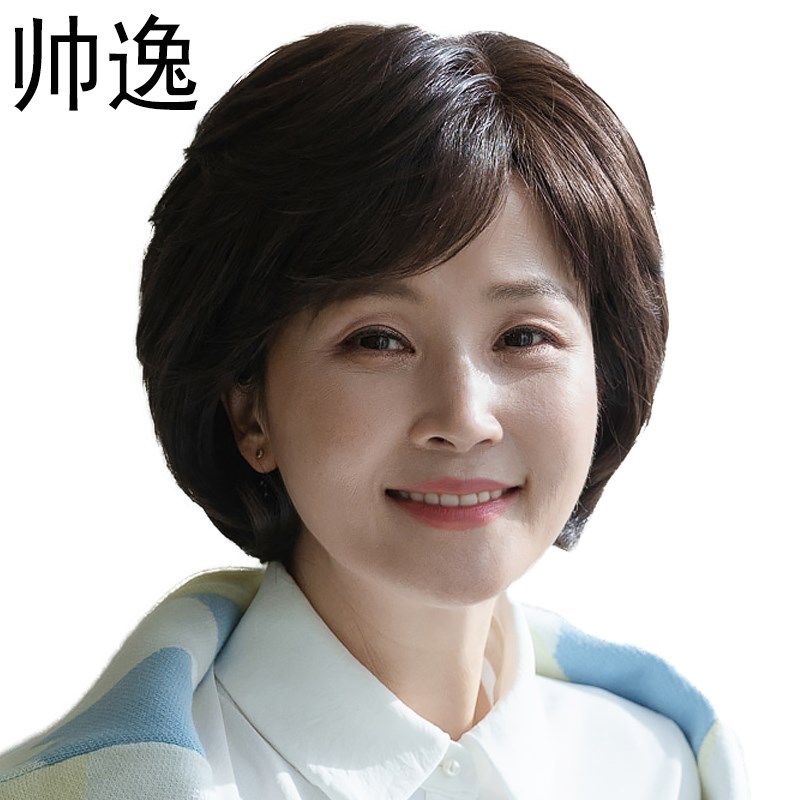 中老年妈妈款 全真发蓬松短发斜刘海手织轻薄款整顶发套假发