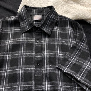 黑色格子短袖衬衫男夏季男士黑衬衣黑格衣服男款黑白格纹有领上衣