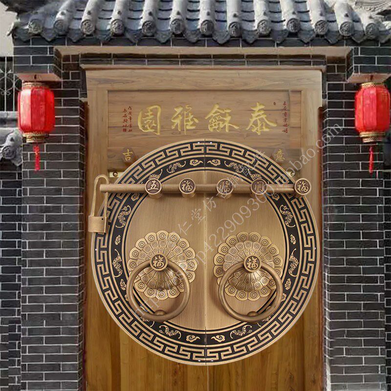 新中式仿古大门铜拉手铜门环门把手圆形老式木门门栓黄铜插销门锁