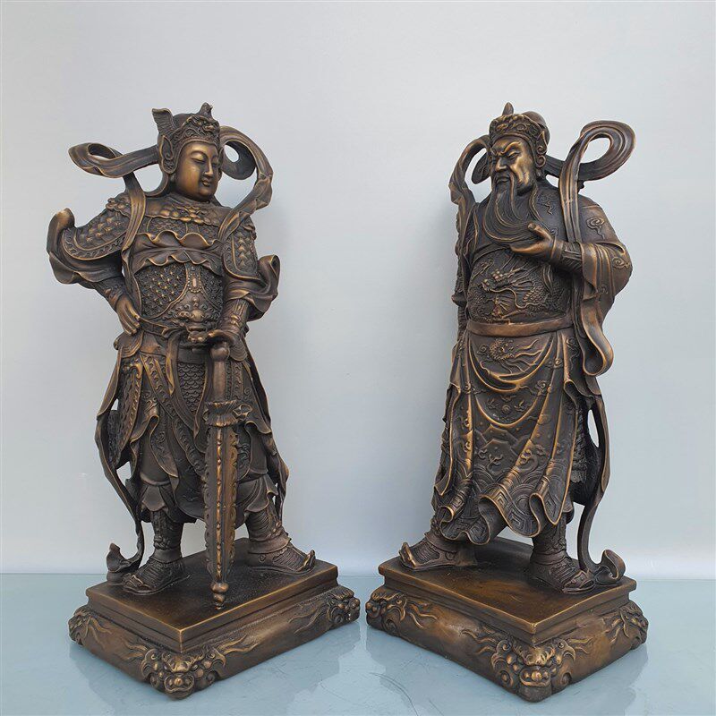 仿古神像关公韦陀铜像摆件高40公分武财神关羽关二爷护法韦陀一套