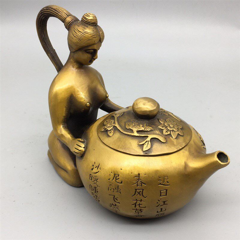 收藏复古纯铜美女壶摆件西施壶酒壶茶壶家居客厅办饰礼品茶宠装饰