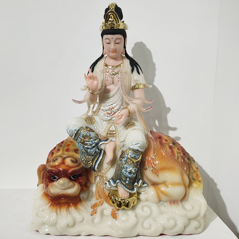 汉白玉文殊菩萨佛像居家供奉普萨普贤家用摆件手彩绘华严三圣神像