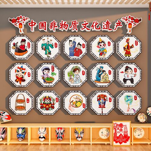 幼儿园环创非遗传统文化主题墙面装饰材料成品楼梯大厅背景布置贴