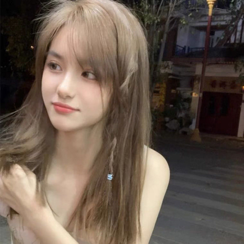 金棕色假发女夏长直发圆脸网红哑光逼真中长发齐肩锁骨空气薄刘海