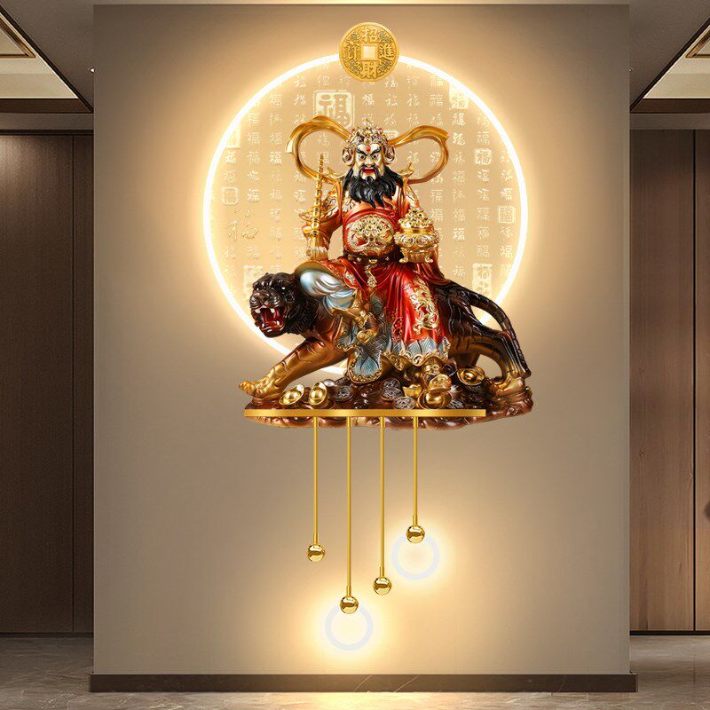 赵公明武财神玄关装饰画轻奢走廊尽头挂画招财入户门关公带灯壁画
