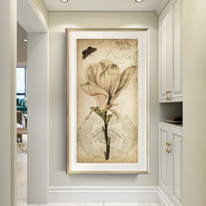 玄关装饰画竖版大幅过道挂画单幅走廊花卉画美式乡村客厅画木兰花