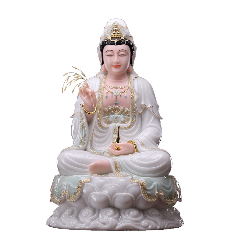 汉白玉观音佛像供奉家用大号石雕观世音菩萨佛像娑婆三圣坐像摆件