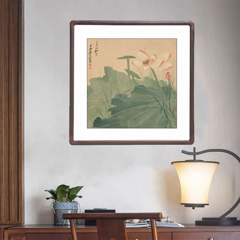 张大千荷花新中式客厅装饰画办公室花鸟挂画玄关过道斗方带框字画