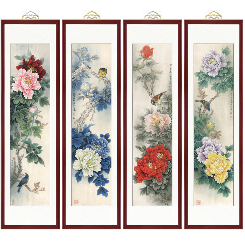四条屏山水画花鸟画国画新中式客厅梅兰竹菊装饰画卷轴画仿古挂画