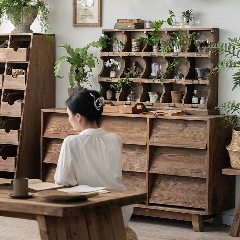润家家居复古做旧实木客厅装饰柜日式商品收纳展示柜多宝格杯架
