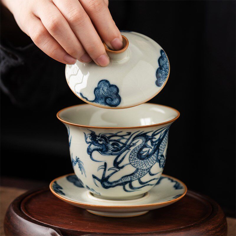 黄汝青花三才盖碗家用功夫茶具泡茶碗盖杯子汝窑敬茶碗品茶碗茶壶