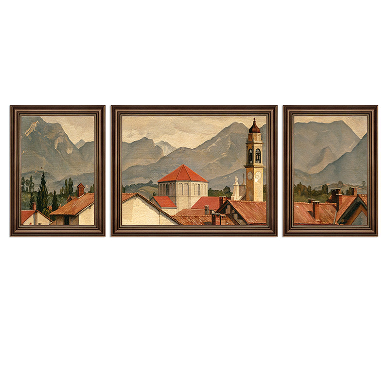 美式客厅装饰画沙发背景墙挂画复古建筑壁画风景油画欧式三联画