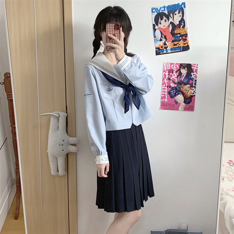 樱花家族jk制服水手服【泽铭部】灰水色三本长袖上衣中间服套装女
