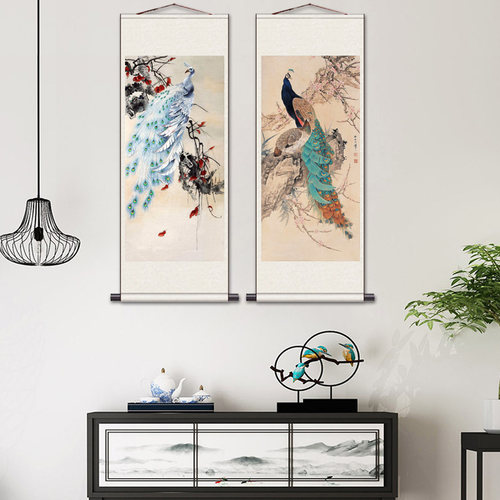 新中式入户玄关装饰画竖版进门过道墙面装饰走廊尽头挂画孔雀壁画