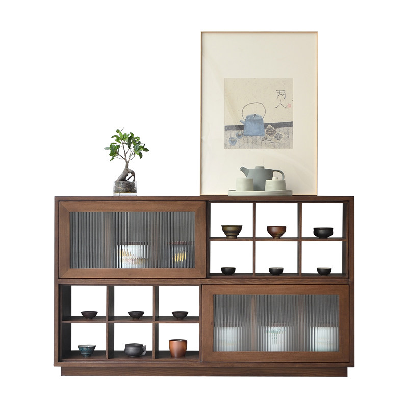 新中式禅意黑胡桃茶边柜茶具收纳柜实木茶叶柜餐边柜置物架