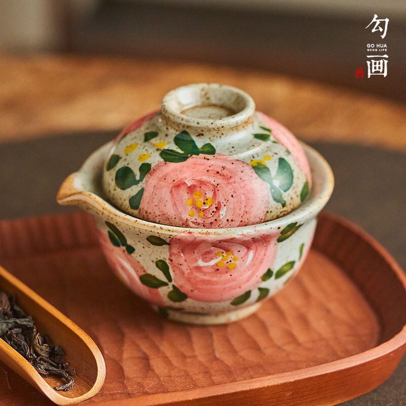 勾画茶器 国潮唐美人盖碗公道杯粗陶茶具一人饮景德镇手抓壶单壶