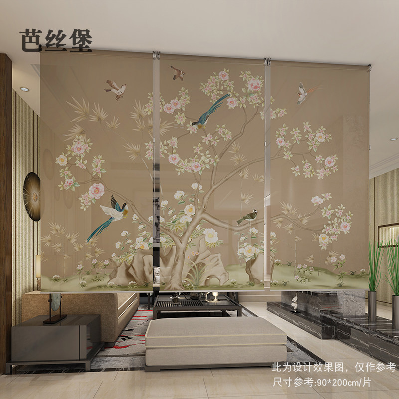 新中式卷帘画窗帘挂画软隔断屏风飘窗客厅卧室遮光胀紧式布艺电动