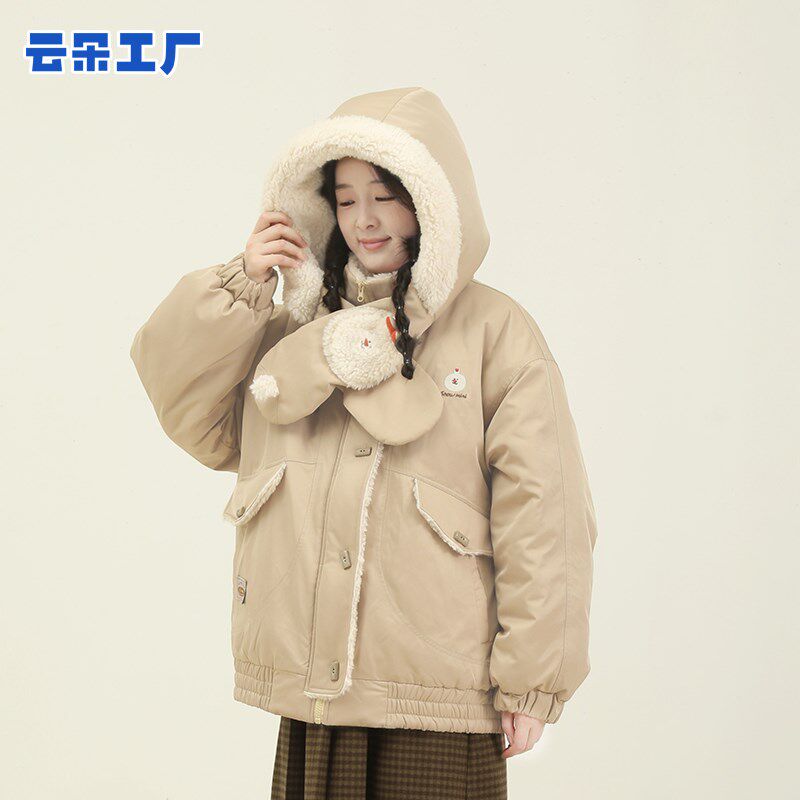 云朵工厂小雪人兔子造型围巾棉服秋冬季保暖棉衣女款外套自带围巾