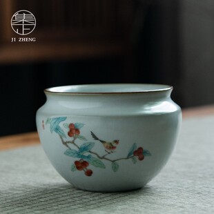 集正 月白汝瓷建水 汝窑可养开片茶盅 陶瓷茶渣缸茶洗功夫茶具