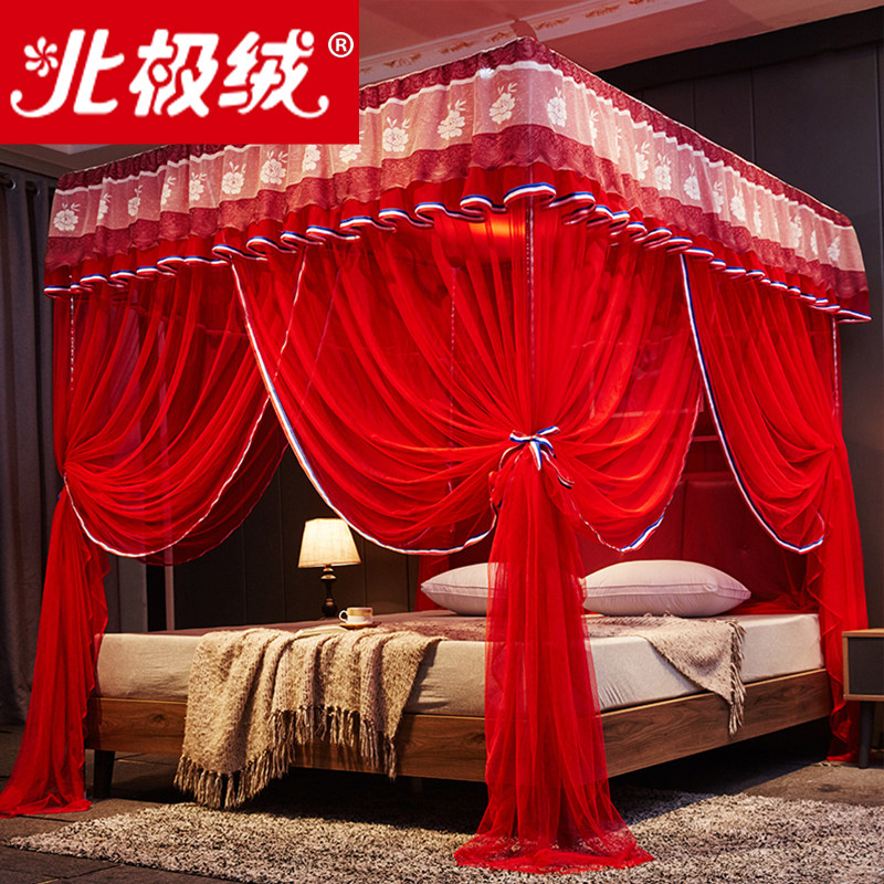结婚大红色蚊帐宫廷三开门1.5米床双人家用婚庆1.8床落地纹帐通用