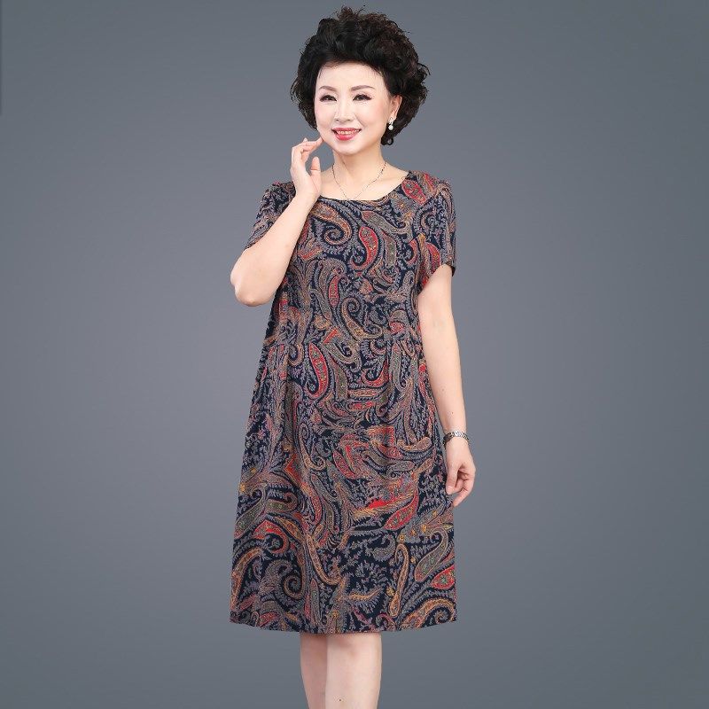 妈妈棉绸连衣裙中老年人夏装女60岁奶奶装老太太洋气大码夏季裙子