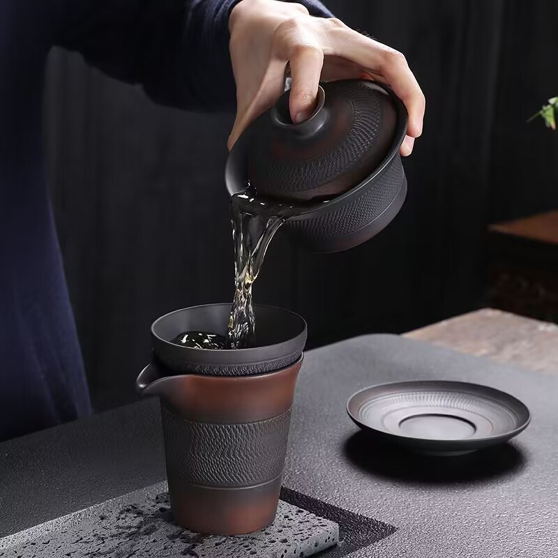 紫陶三才盖碗大号家用高端紫砂泡茶碗复古手工跳刀盖杯功夫茶具器
