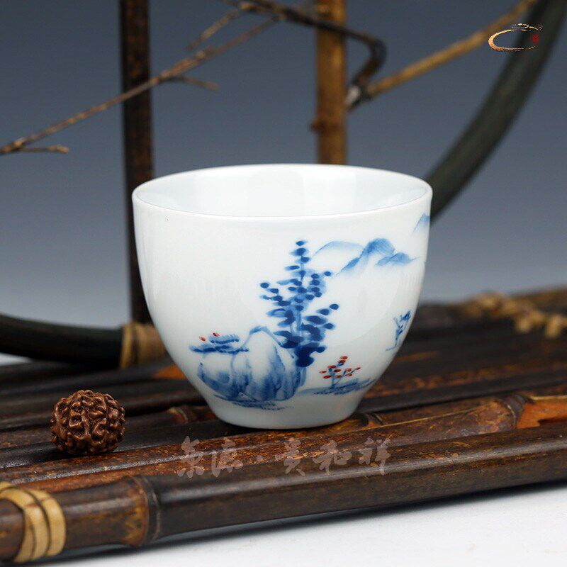 京德贵和祥手绘青花景德镇陶瓷大号品茗杯子苍松迎客功夫茶杯包邮