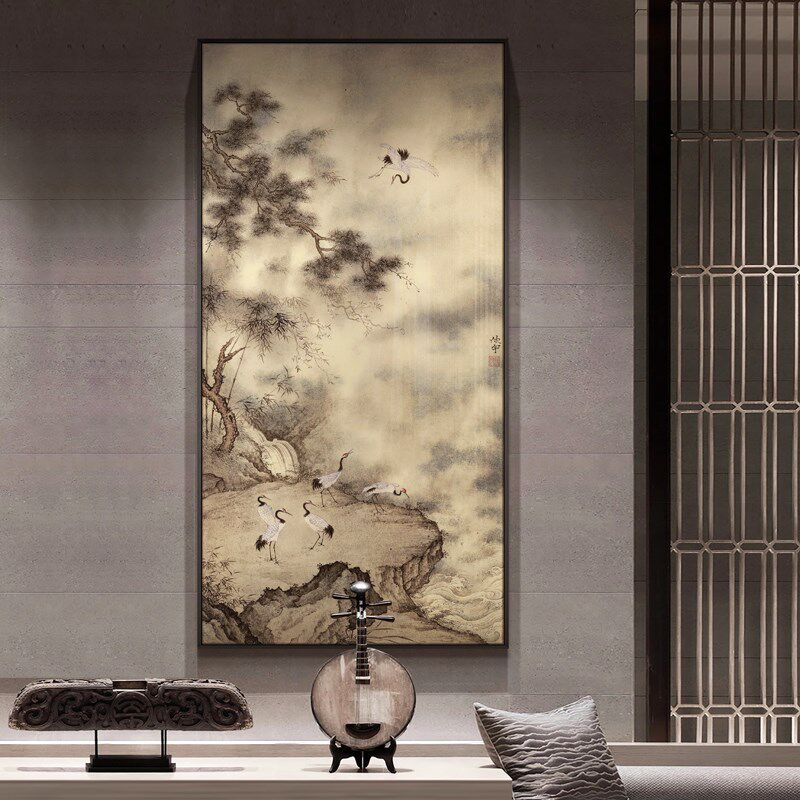 新中式进门玄关挂画《松风祥鹤》走廊过道装饰画书房风景艺术家画