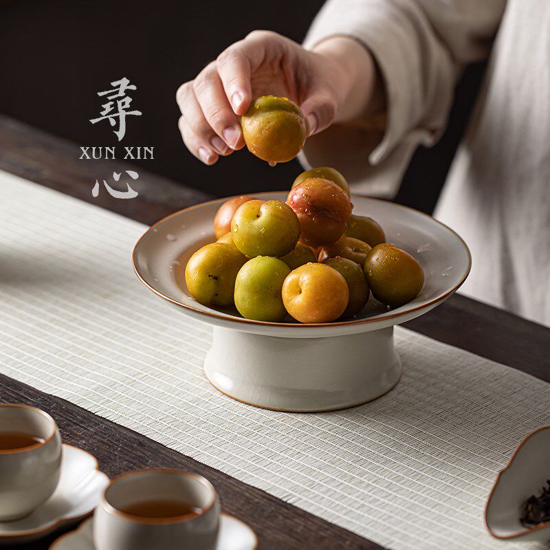 中式汝窑高足点心盘陶瓷沥水高脚水果盘零食托盘茶室茶具壶承配件