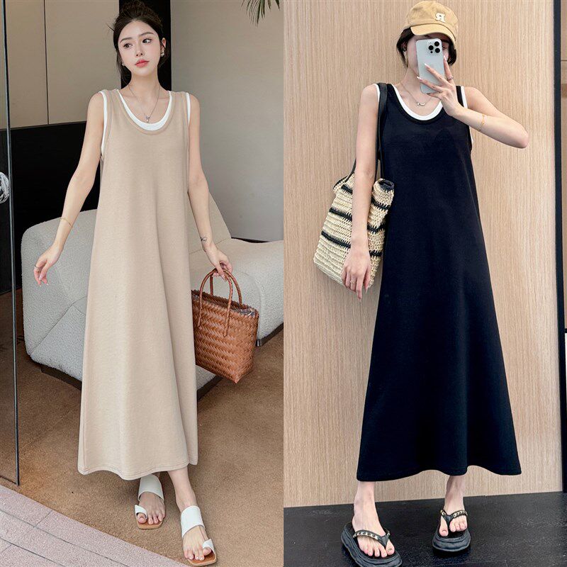 胖mm假两件背心裙女夏季新款大码无袖宽松显瘦高级感气质连衣裙子