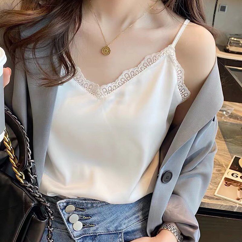 蕾丝吊带背心女内搭宽松遮肚子V领白色打底衫大码胖mm无袖上衣春