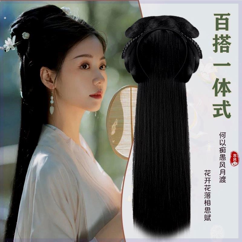 战国袍假发汉服头饰古装假发一体式懒人发箍全套发饰古风发髻盘发