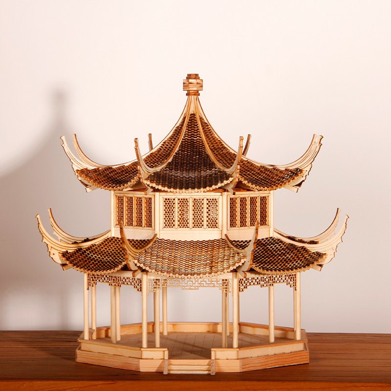 流时间新中式禅意中国风古建筑实木散件榫卯拼装成品家居装饰摆件
