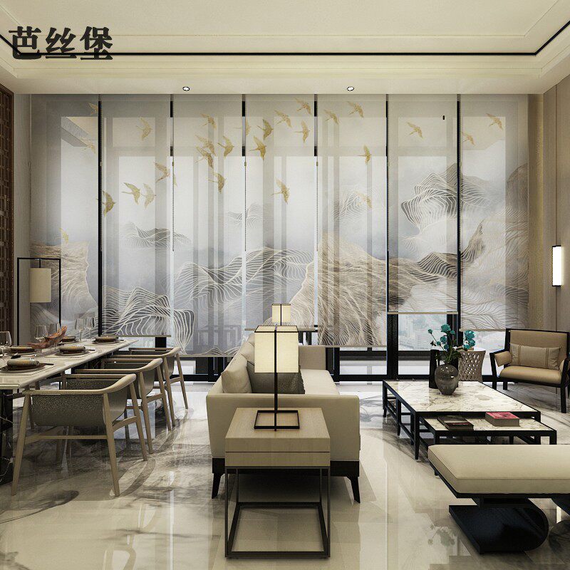 新中式卧室卷帘窗帘布全遮光窗户茶室酒店客厅软隔断升降手拉抽象