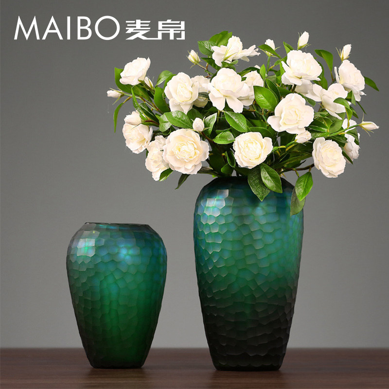 麦帛美式花瓶绿色麟纹手工磨刻玻璃花器别墅客厅桌面创意装饰摆件
