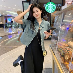小吉家大码女装时尚套装夏复古牛仔短袖衬衫吊带连衣裙显瘦两件套