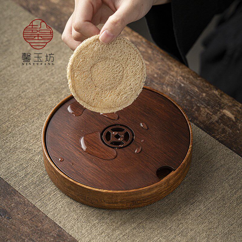 馨玉坊中式竹制圆形壶承重竹茶盘储水式小型干泡台复古蓄水壶托盘