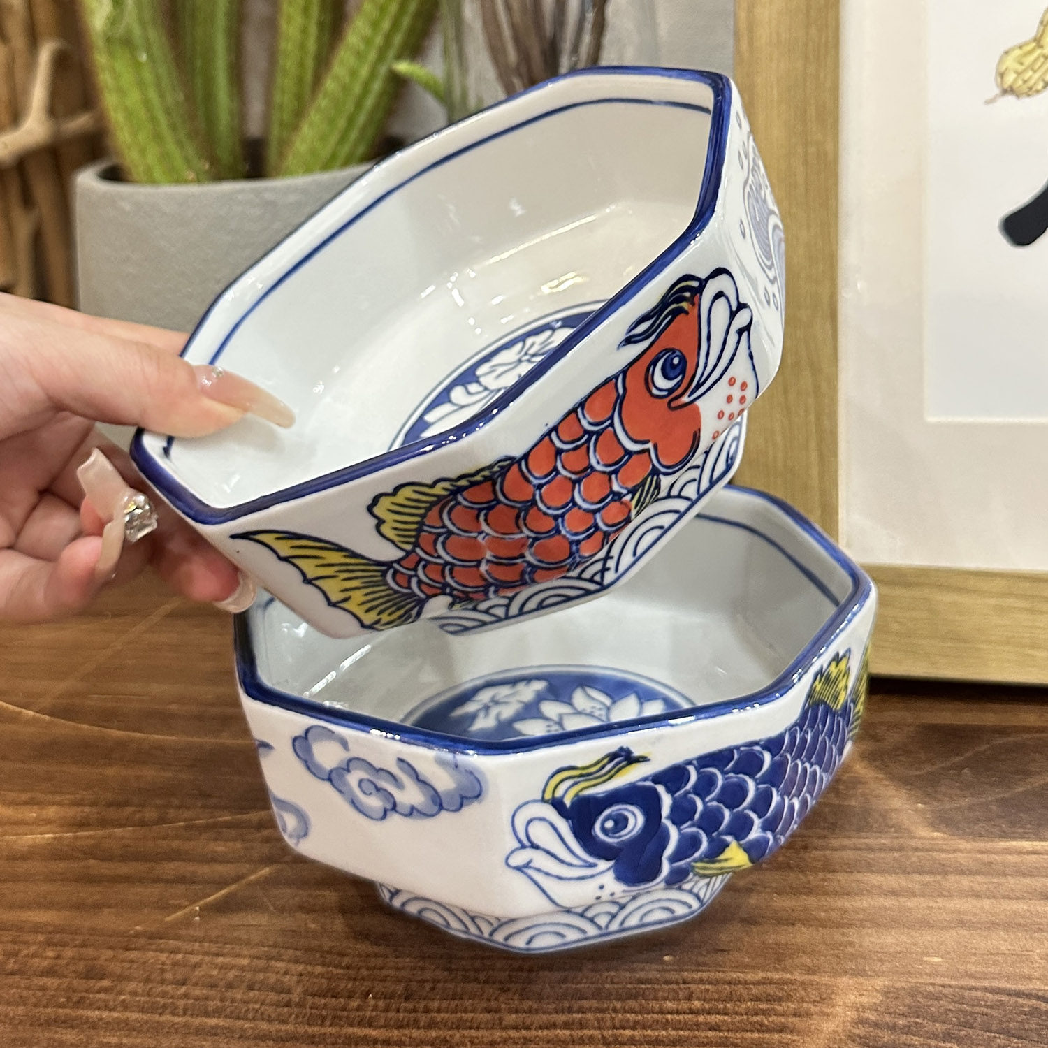 ~锦鲤碗福气来~纯手工的八角碗中式复古手绘青花饭碗菜碗甜品碗