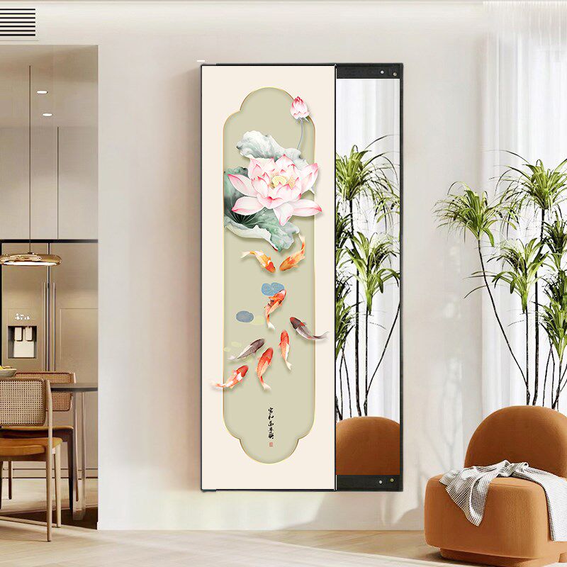 中国风九鱼荷花进门隐身全身镜壁挂式画暗藏可关闭卧室穿衣镜挂画