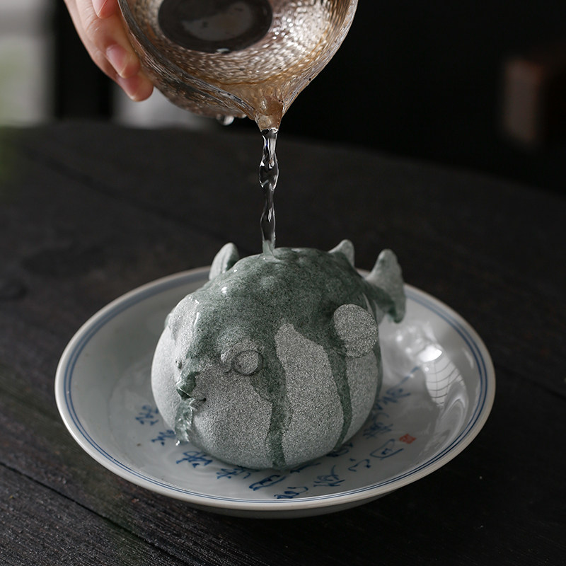 创意可爱河豚茶宠摆件青砂石动物招财精品茶桌茶台鱼缸造景装饰品