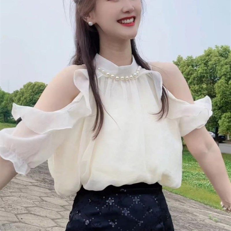法式气质珍珠挂脖雪纺衬衫女2024新款夏季设计感性感露肩薄款上衣