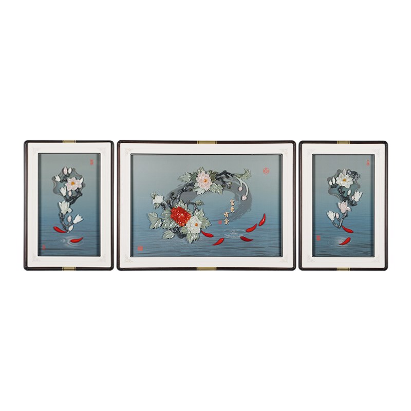 客厅沙发背景墙LED灯装饰画三联挂画新中式玉雕高档氛围玉石壁画