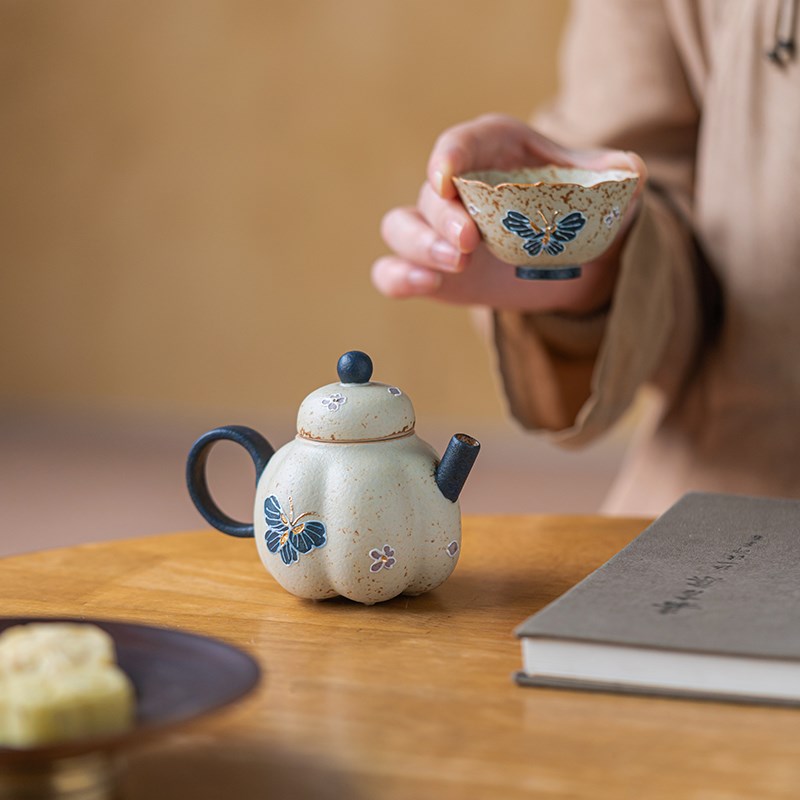 画续青花火石红幻色蝶南瓜壶旅行茶具一壶一杯茶具便携式收纳袋